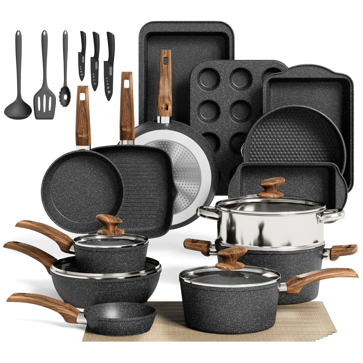 30-teiliges Topfset mit Granit-Antihaftbeschichtung, induktionsgeeignet, inklusive Pfannen, Töpfen, Backformen und Küchenhelfern