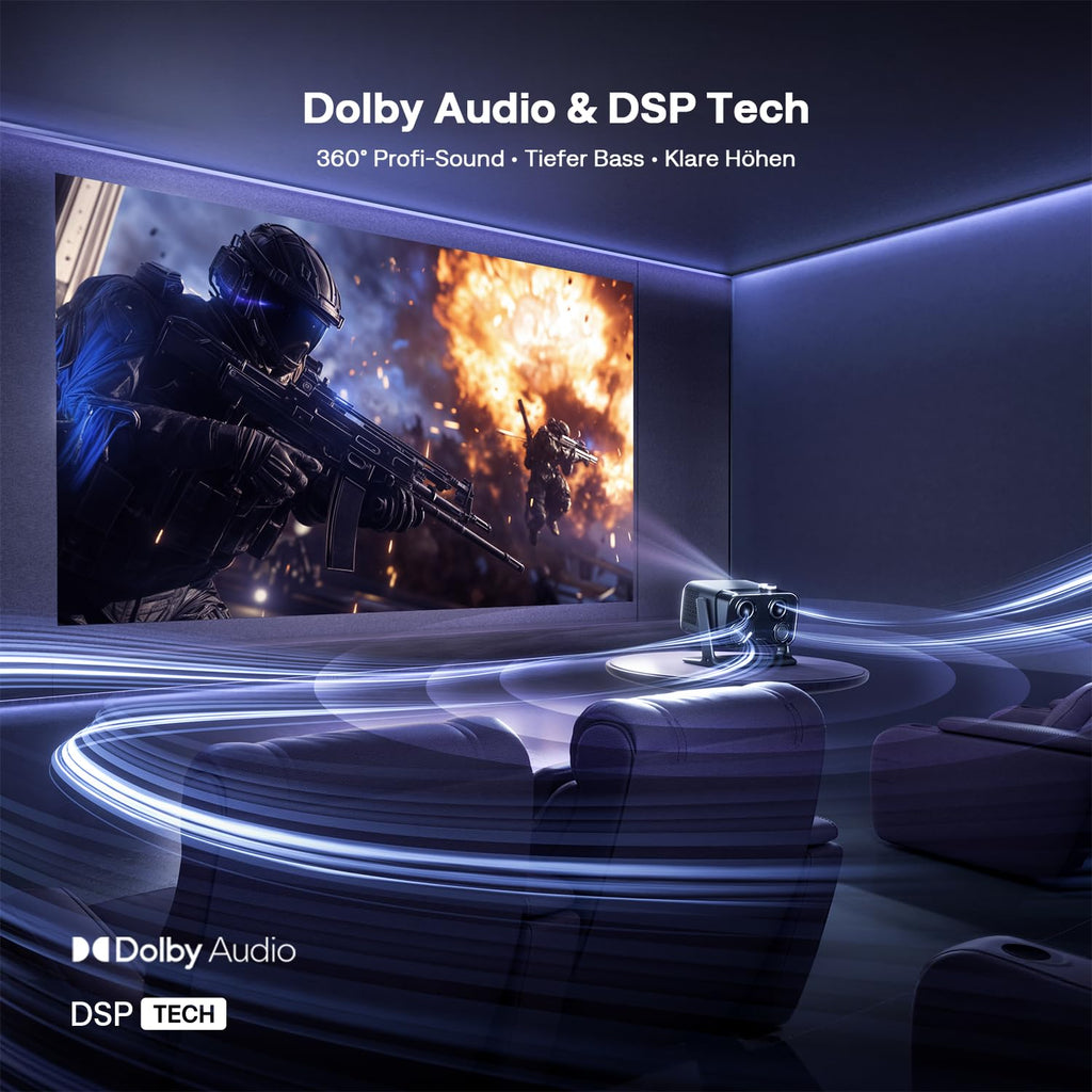 Tragbarer Smart Beamer mit Google TV, 1080p, 4K unterstützt, 500 ANSI Lumen und 20-W-Dolby-Audio
