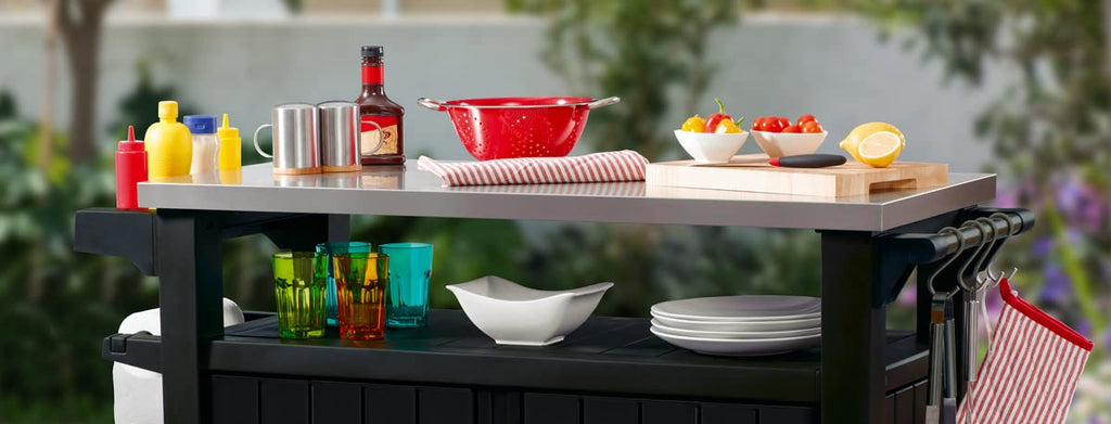 BBQ-Beistelltisch Unity XL, 134 x 51,7 x 89,6 cm, graphitgrau, wetterfest, mit Edelstahl-Arbeitsplatte, Besteckhaken, Küchenrollenhalter und