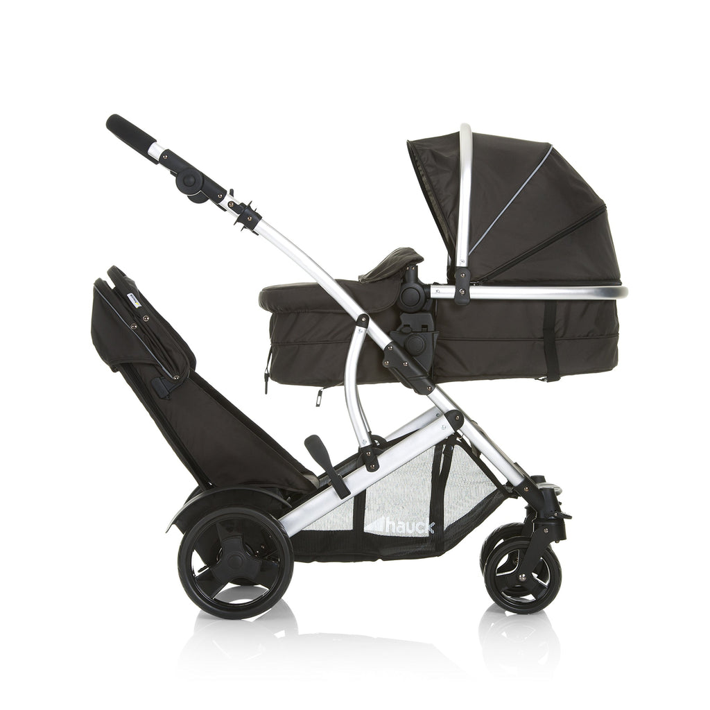 Geschwisterwagen Duett 2 für Kinder bis je 15 kg, umbaubarer Hauptsitz mit Liegeposition und abnehmbarem Zweitsitz, inkl. Regenschutz
