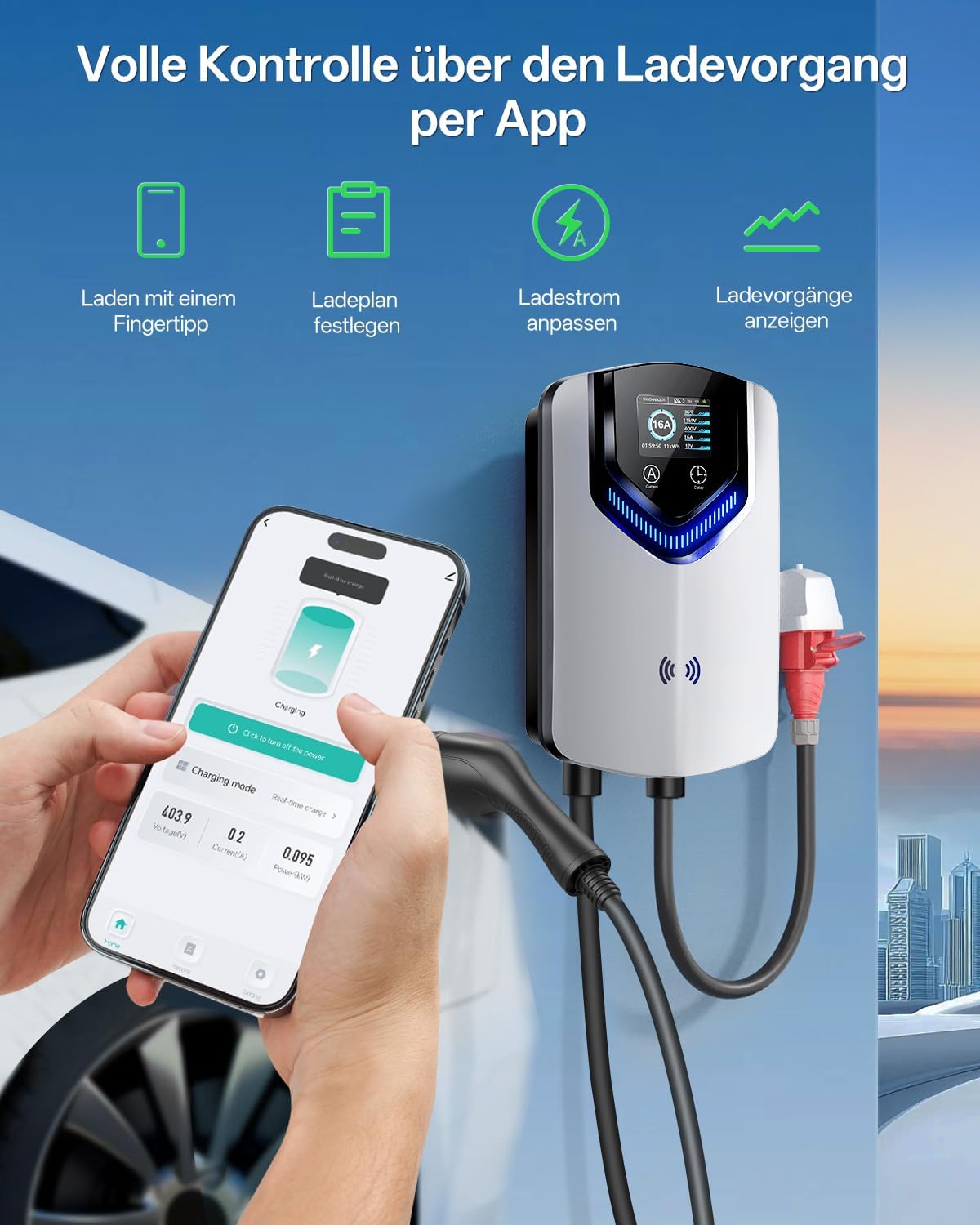 Wallbox 11 kW 400 V 3-phasig mit 8 m Typ-2-Kabel WLAN App-Steuerung RFID und einstellbarem Ladestrom 6–16 A