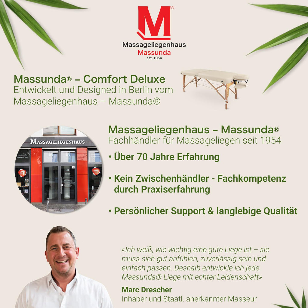 Mobile Massageliege klappbar und höhenverstellbar, extra breit 71 cm, aus Vollholz mit Kopfstütze, Armlehne und Zubehör, Creme