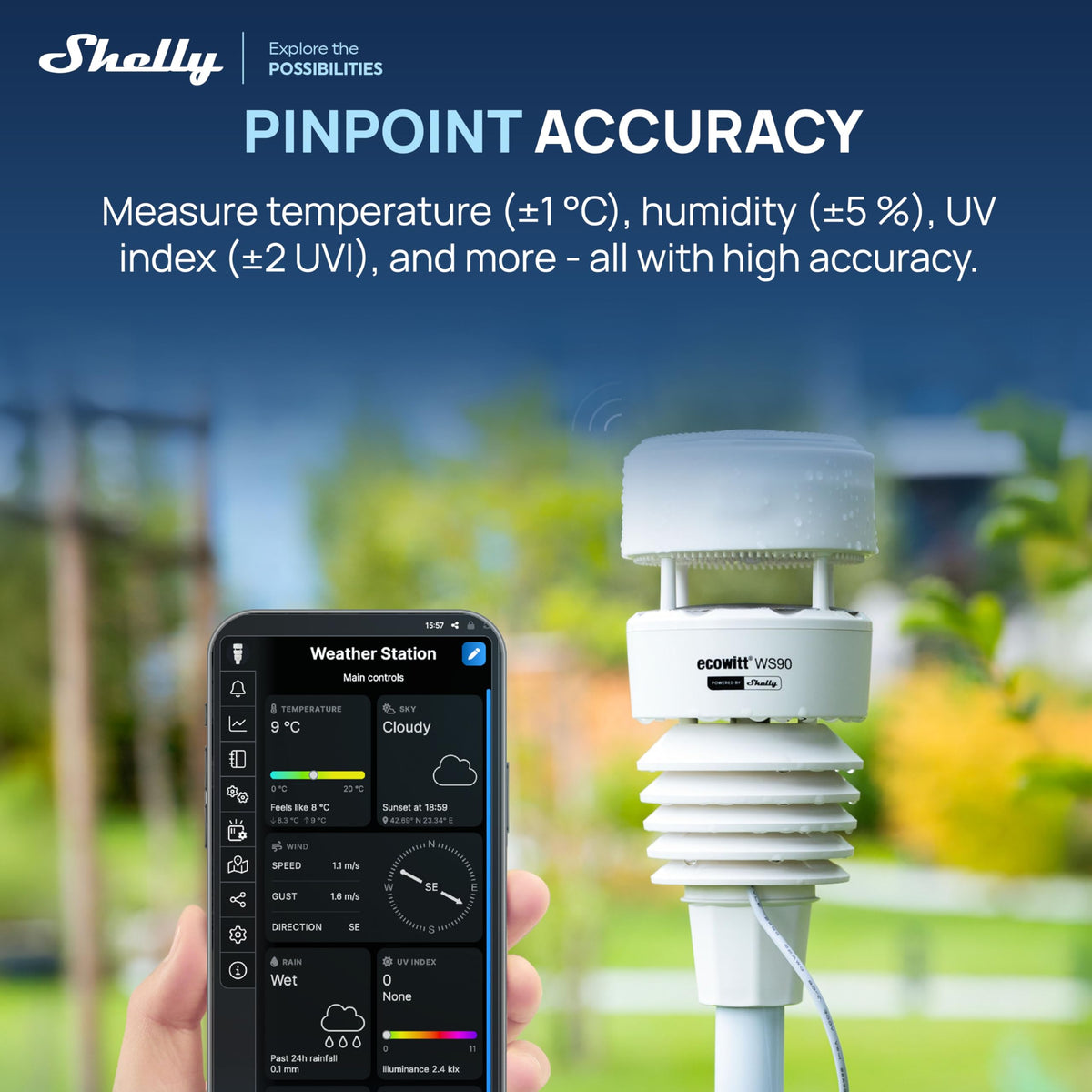 7-in-1 Smart Wetterstation WS90 mit Bluetooth und Zigbee, solarbetrieben, IPX5, für Echtzeit-Wetterdaten