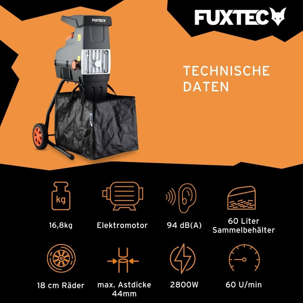 Elektro Gartenhäcksler FX-EGH2800T mit 2800 W und Walzenhäcksler für Äste bis 44 mm, 60 L Fangsack sowie 92 dB(A) Betrieb