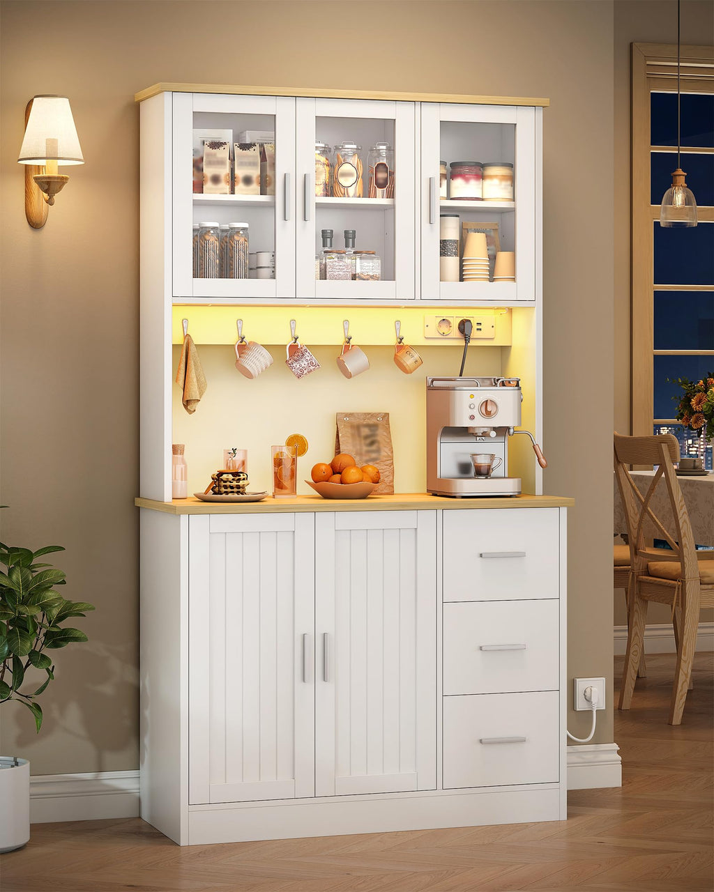 Buffetschrank Küchenschrank mit 3 Glastüren, 3 Schubladen und 6 Ablagen hinter den Türen, 100 cm breit