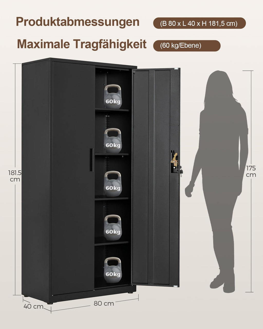 Stahlschrank mit Schloss, 5 Ebenen und verstellbaren Einlegeböden, 80x40x181,5 cm, schwarz