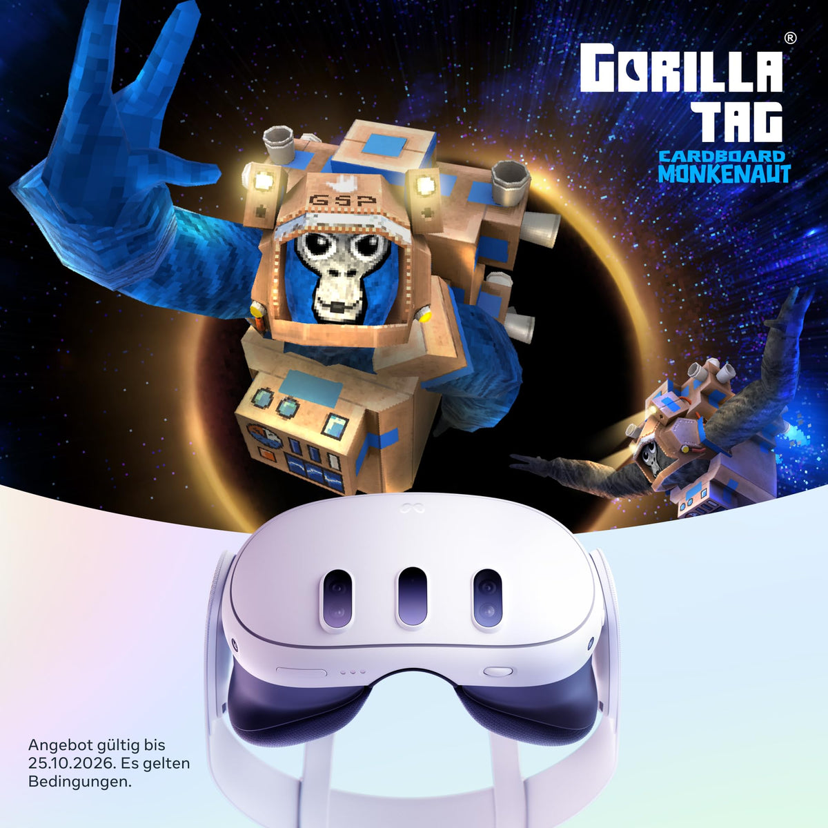 VR-Headset Meta Quest 3 512 GB mit 4K+ Infinite Display, Snapdragon XR2 Gen 2 und Gorilla Tag Cardboard Monkenaut Bundle