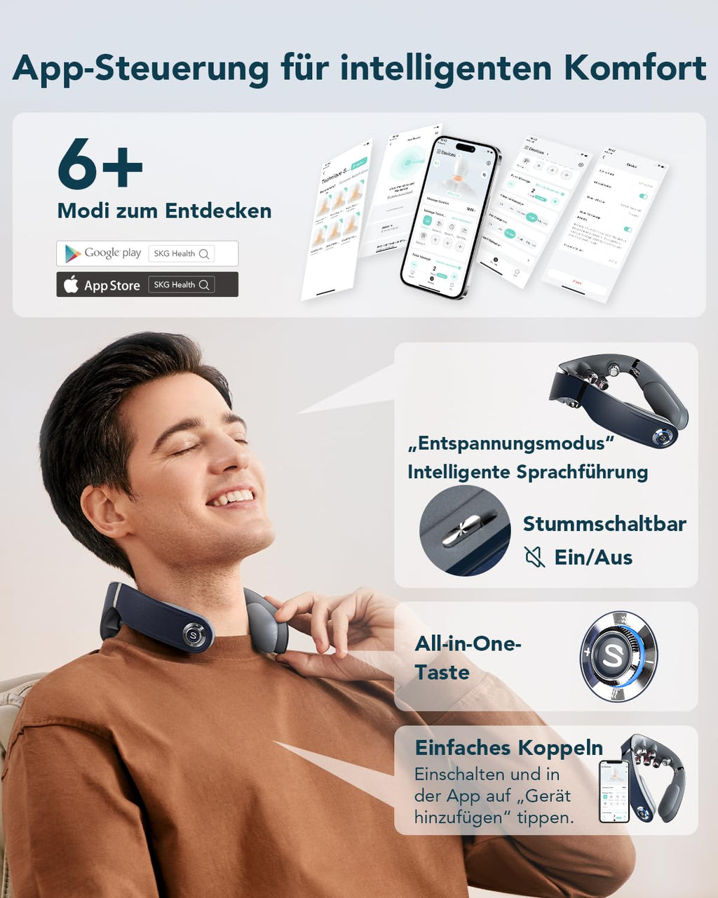 Faltbares Nackenmassagegerät G7 Pro Fold mit Wärme, 9 Vibrationsköpfe, kabellos, 2400-mAh-Akku, grau