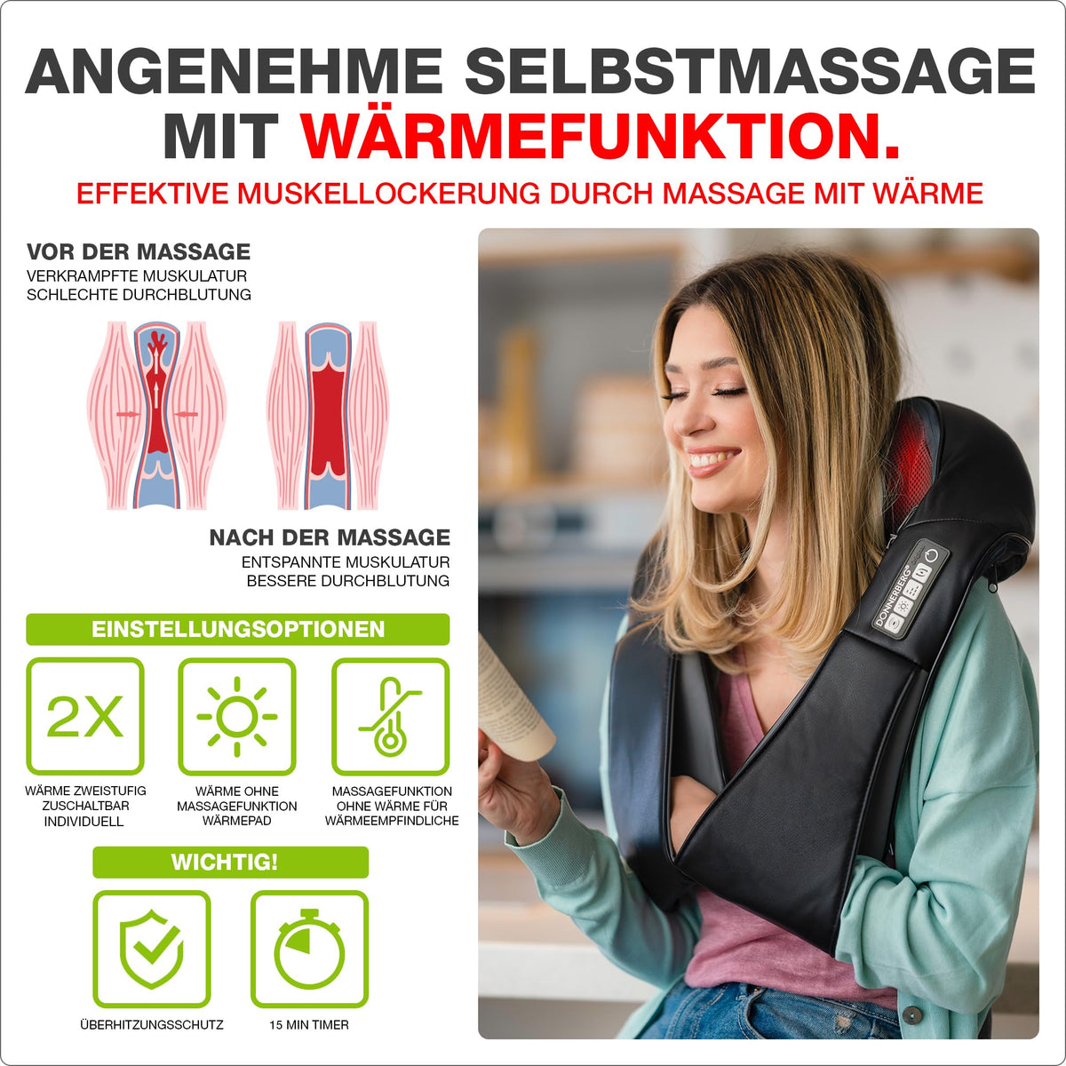 Nackenmassagegerät mit Wärme und Shiatsu, 4D-Massageköpfe, Infrarot, kabelgebunden, inkl. 2 Ersatzbezüge