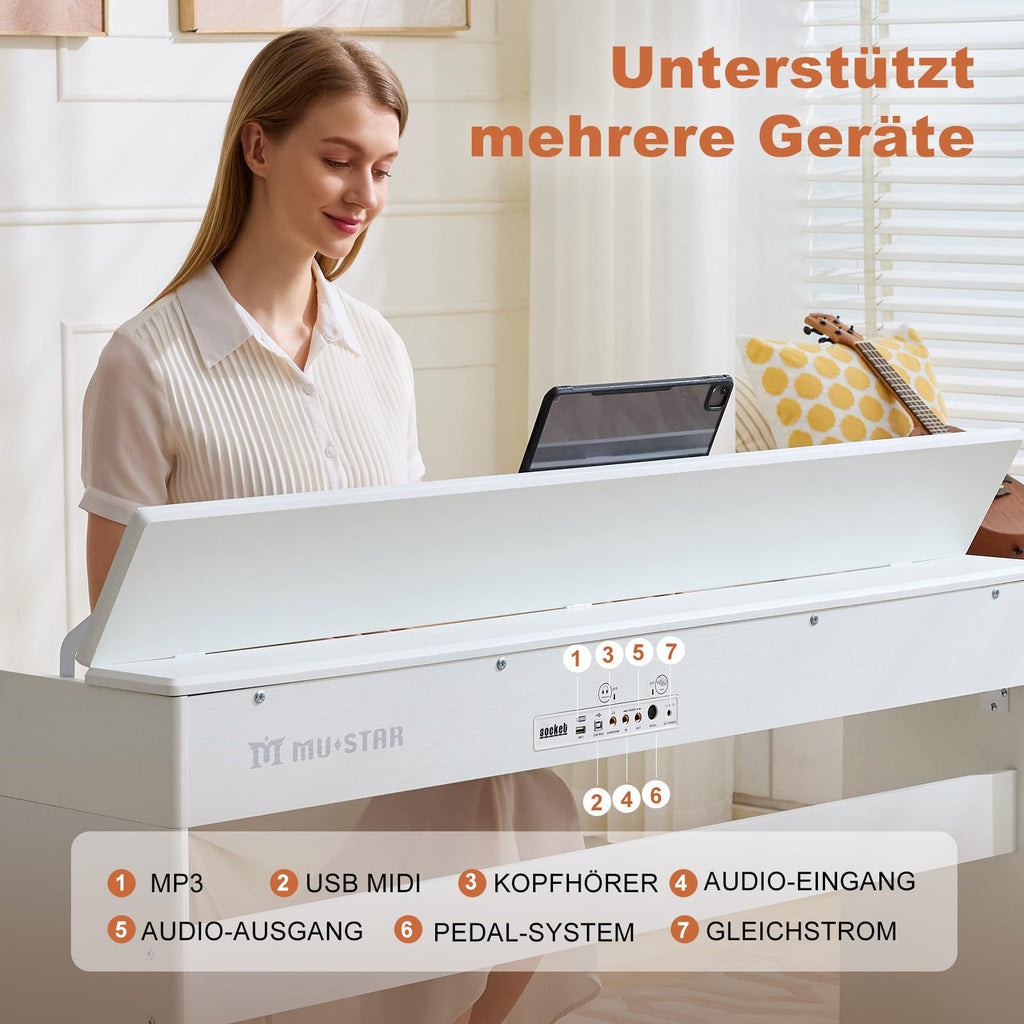 Digitalpiano-Set mit 88 halbgewichteten Tasten, Klavierhocker und 3 Pedalen in Weiß