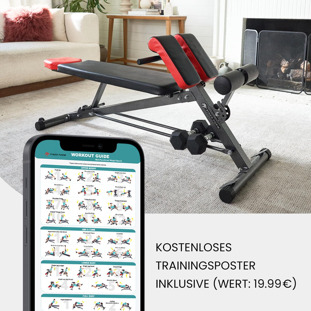 Multifunktionale Hantelbank mit Bauch- und Rückentrainer, 8-fach verstellbar, inkl. Übungsposter