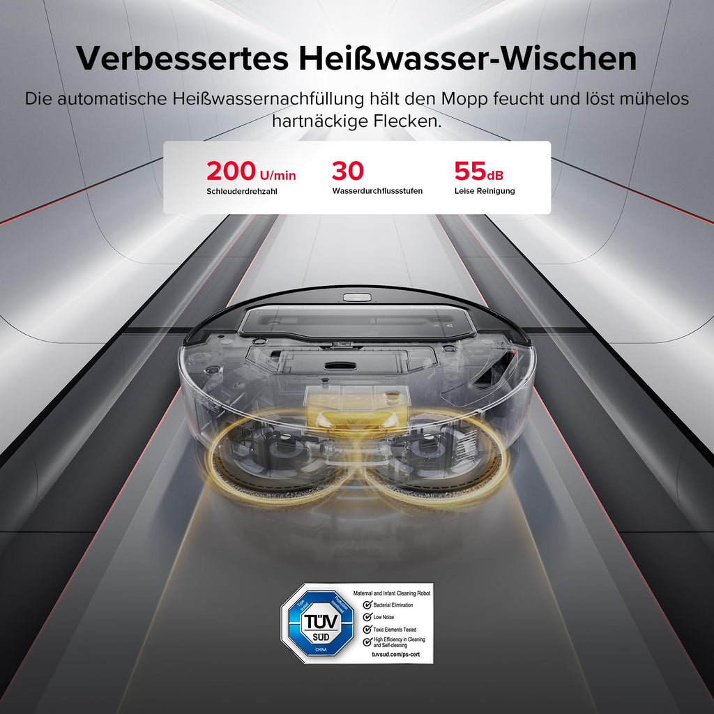 Saugroboter mit Wischfunktion und OmniGrip-Arm, 22.000 Pa Saugkraft, 80 °C Heißwasser-Moppwäsche, KI-gestützte Navigation