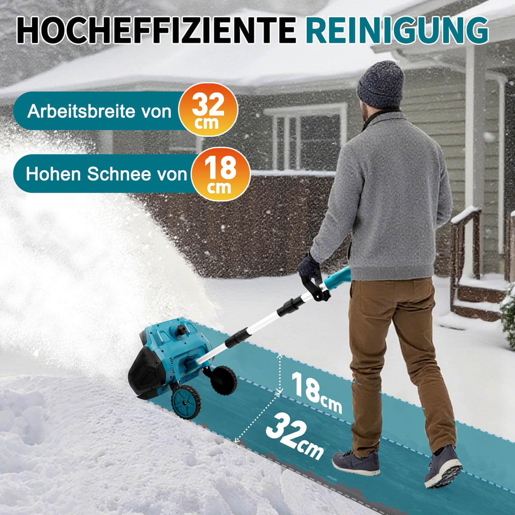 Akku-Schneefräse für Makita 18V Akku, 1000W Bürstenlos mit Rollen, 32 cm Arbeitsbreite und 18 cm Schneehöhe