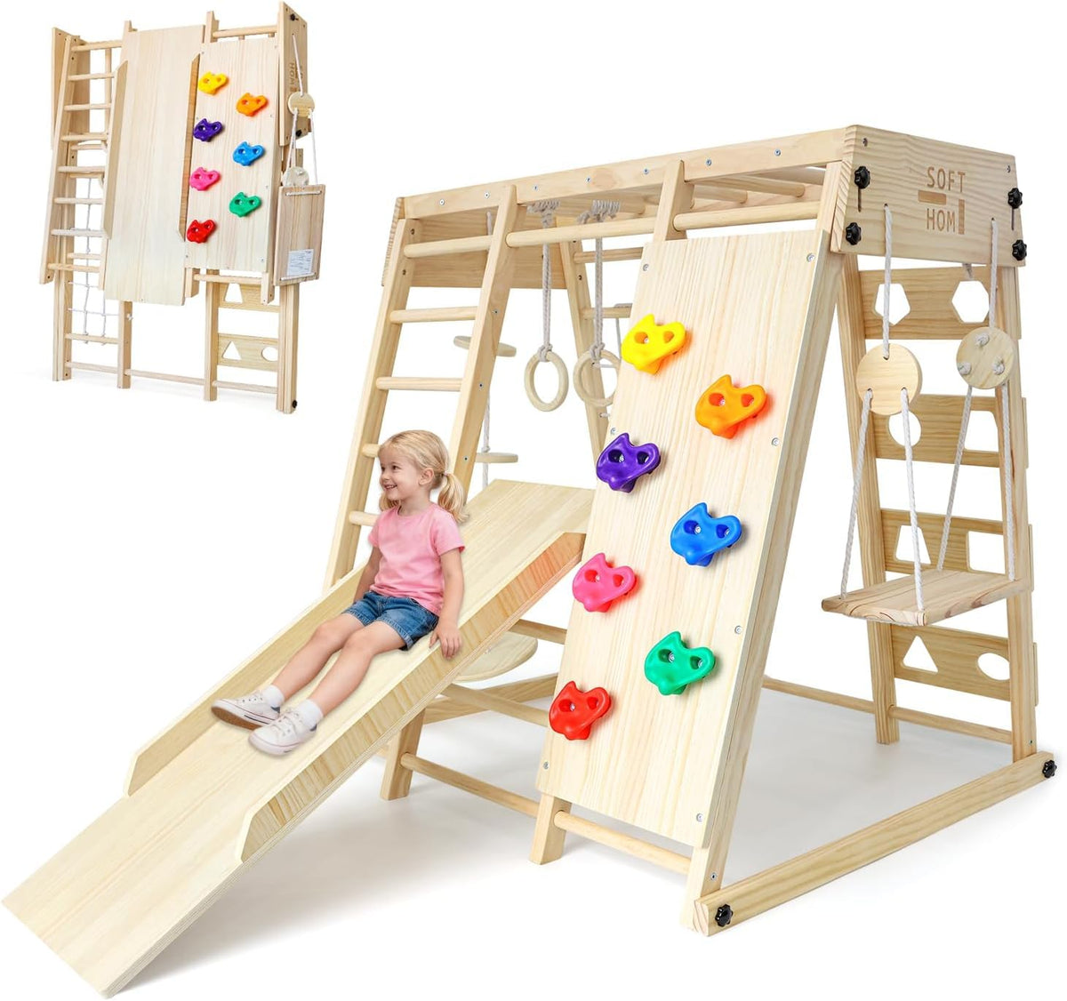 Klettergerüst klappbar für Kinder ab 1 Jahr, 10-in-1 Indoor Spielplatz aus Kiefernholz