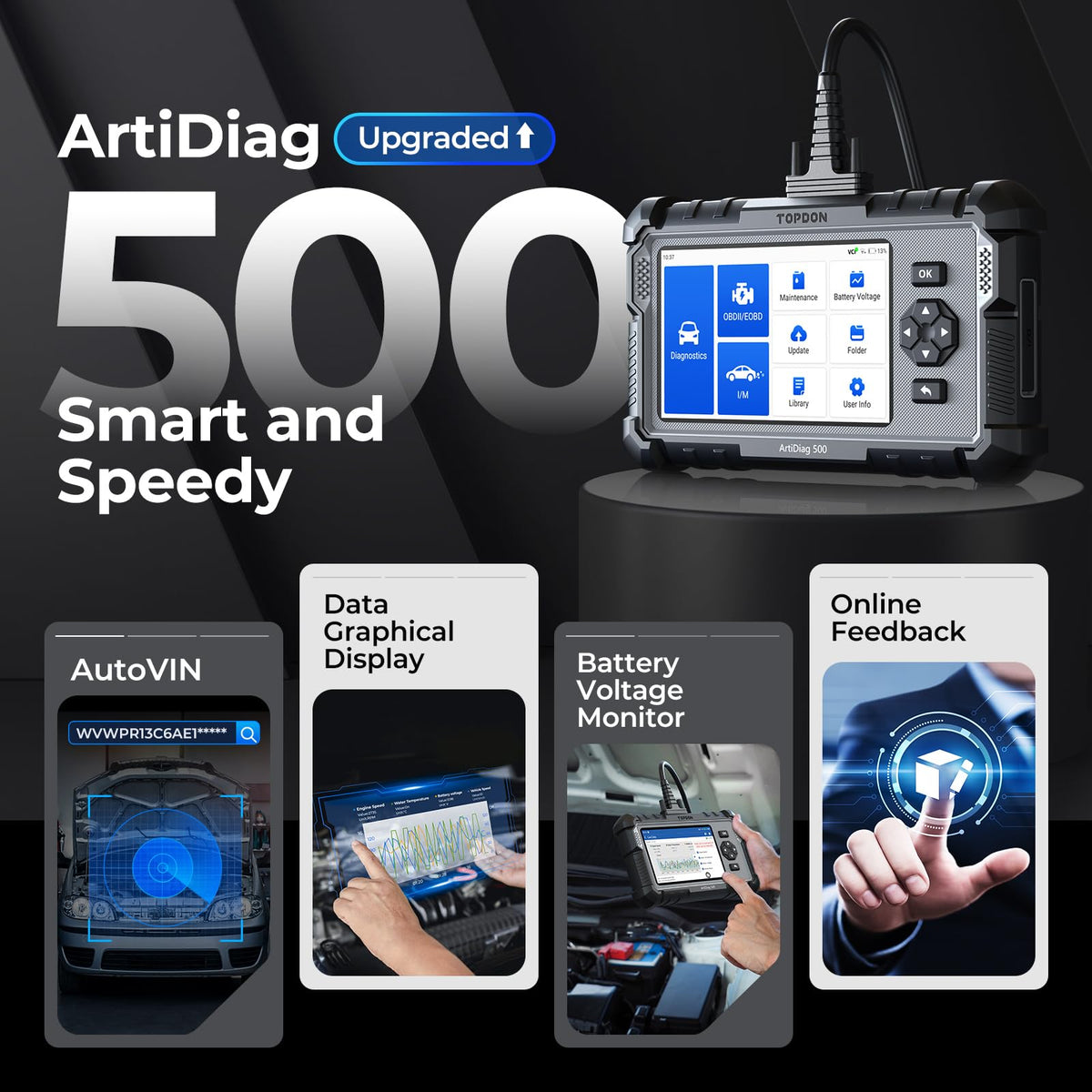 OBD2 Diagnosegerät ArtiDiag500 AD500 mit 4-System-Diagnose für Motor, ABS, SRS und Getriebe sowie 6 Servicefunktionen