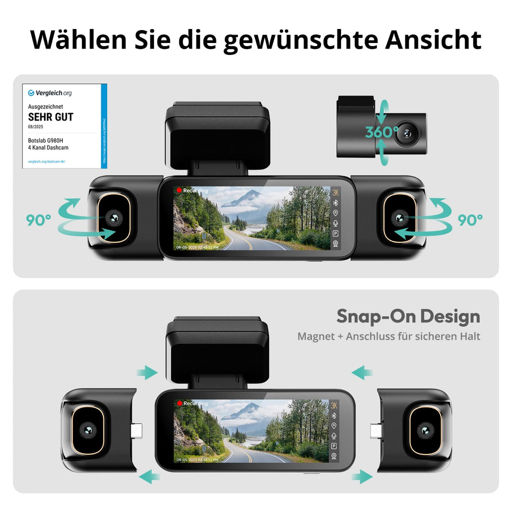 4-Kanal-Dashcam G980H mit 360°-Rundum-Aufnahme, 3K+1080P×3, 24/7-Parkmodus und 128 GB SD-Karte