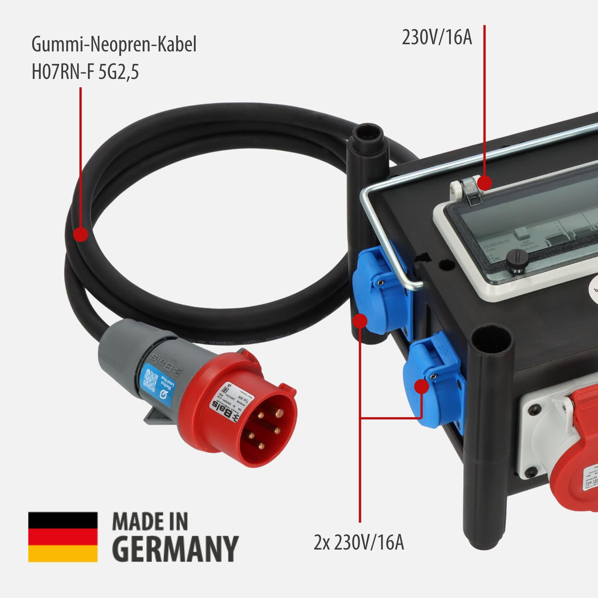 Gummi-Stromverteiler mit FI-Schalter und Sicherungsautomaten, 2x CEE 400V/16A und 5x 230V/16A, 2m Kabel