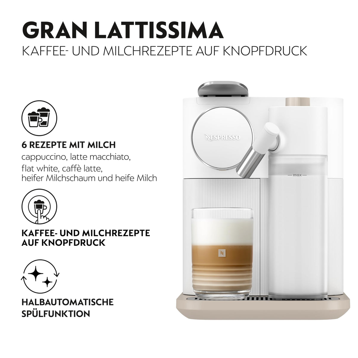 Kaffeemaschine Gran Lattissima mit Milchaufschäumer, 1,3 L, weiß, für 9 Kaffee- und Milchgetränke