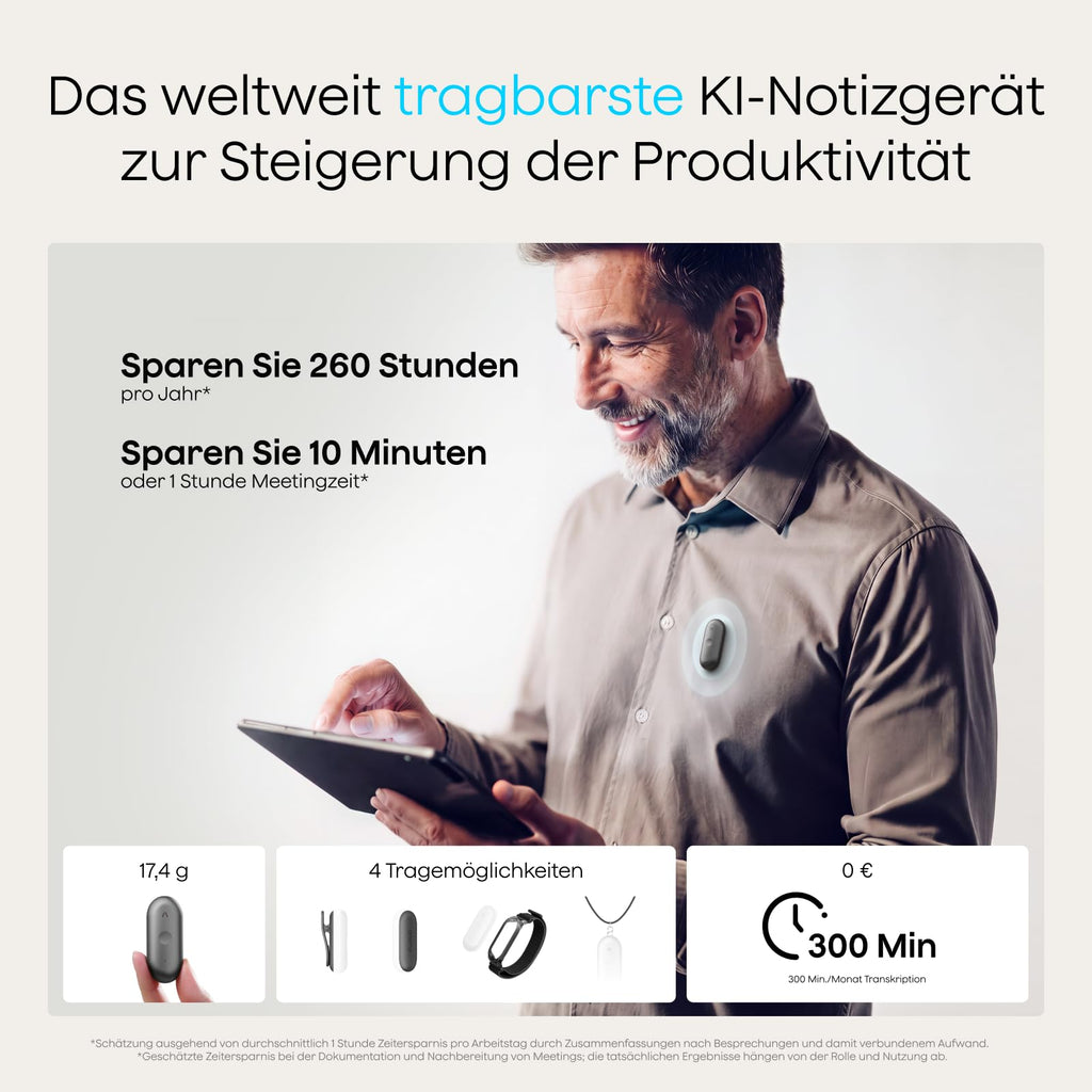 KI-Diktiergerät NotePin S 64 GB 20 Std. Aufnahme KI-Transkription 112 Sprachen 4 Tragevarianten mit USB-C-Ladestation