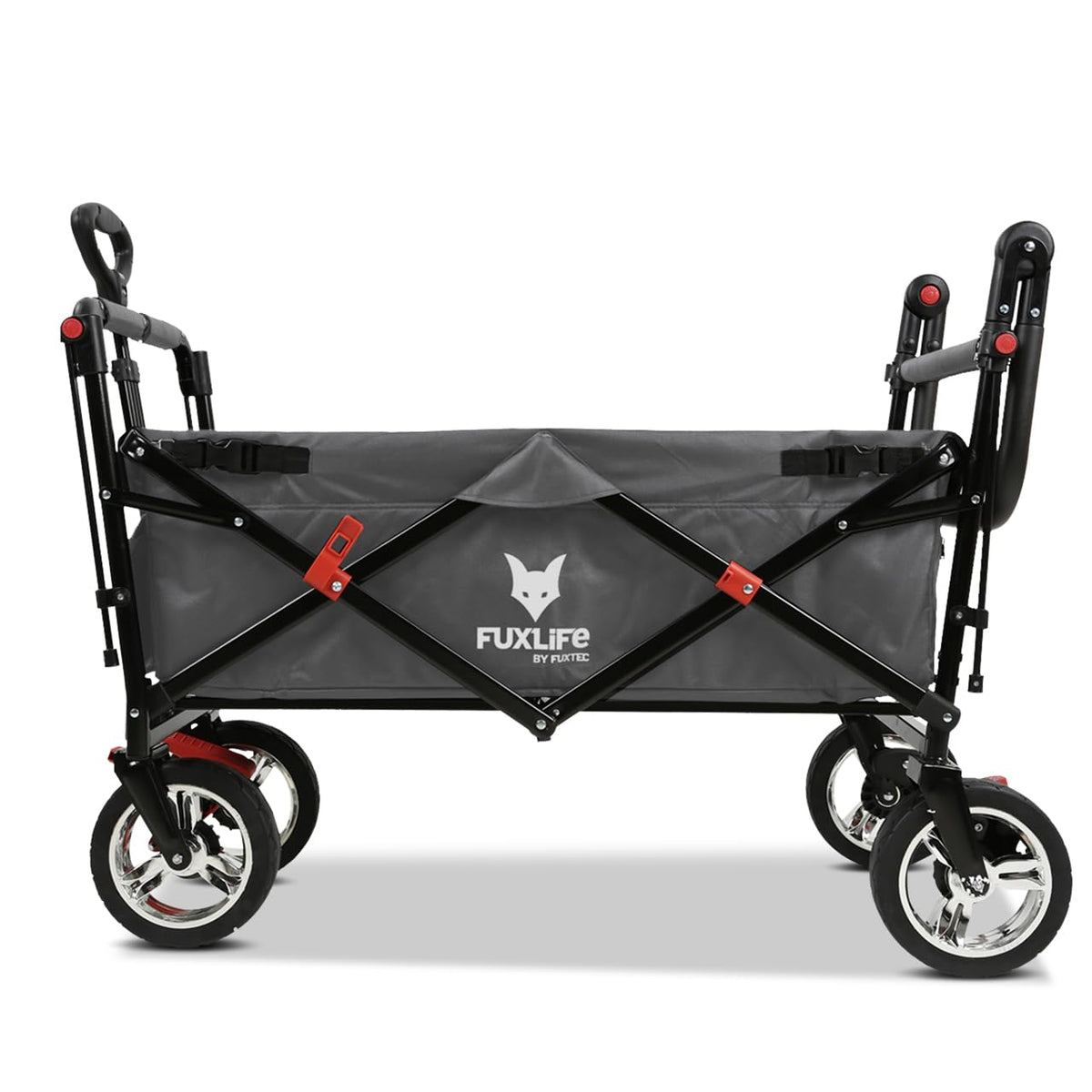 Faltbarer Bollerwagen FX-CT700 für 2 Kinder, grau, mit gepolstertem Innenraum, Sonnendach und Feststellbremsen, 75 kg Tragkraft