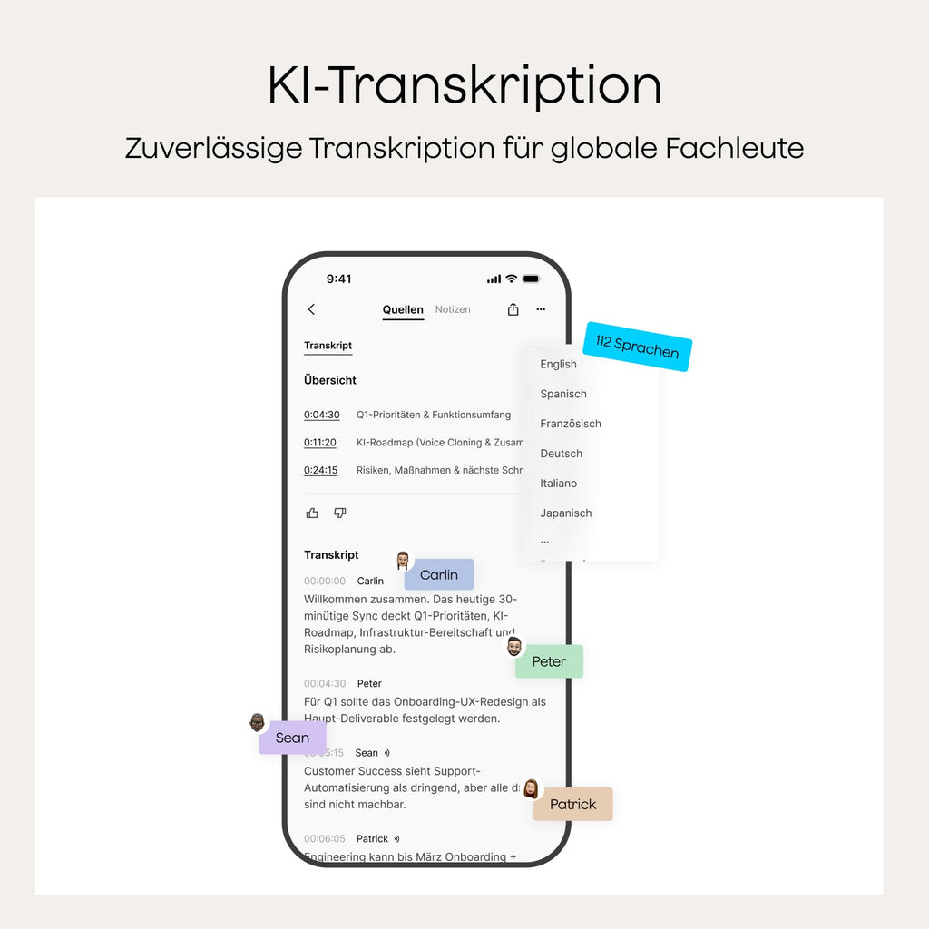KI-Diktiergerät Note Pro 64 GB 50 Std. Akkulaufzeit 4 MEMS- und 1 VPU-Mikrofon mit KI-Beamforming Magnet-Case und Ladekabel