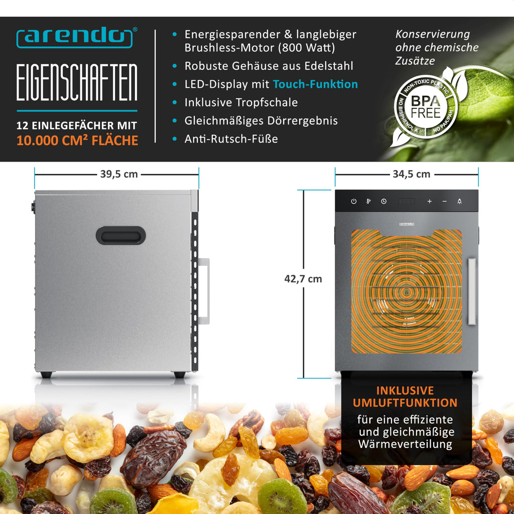 Dörrautomat aus Edelstahl mit 12 Gitterrosten, 800 W, 30-90 °C, 12 Einlegetabletts mit insgesamt 10.000 cm², für Obst, Fleisch und Pilze