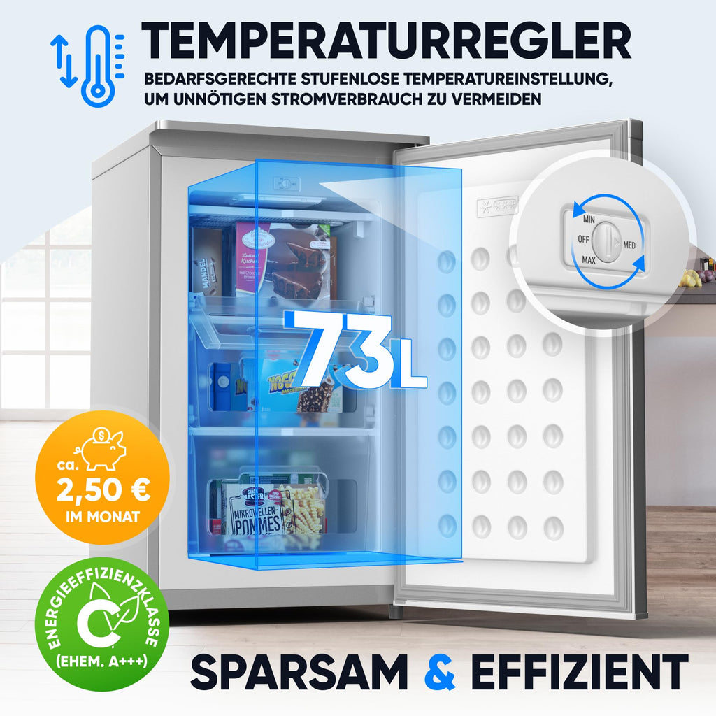Klein-Gefrierschrank 73 L mit 4-Sterne-Gefrierfach, 3 Fächer und wechselbarem Türanschlag, silber