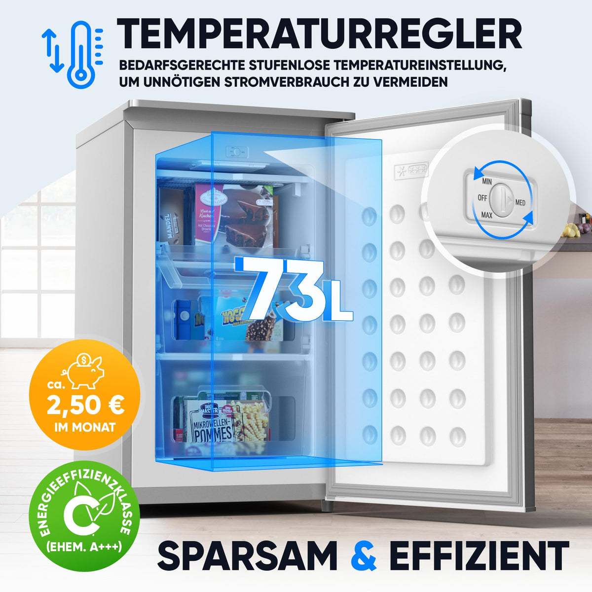 Klein-Gefrierschrank 73 L mit 4-Sterne-Gefrierfach, 3 Fächer und wechselbarem Türanschlag, silber