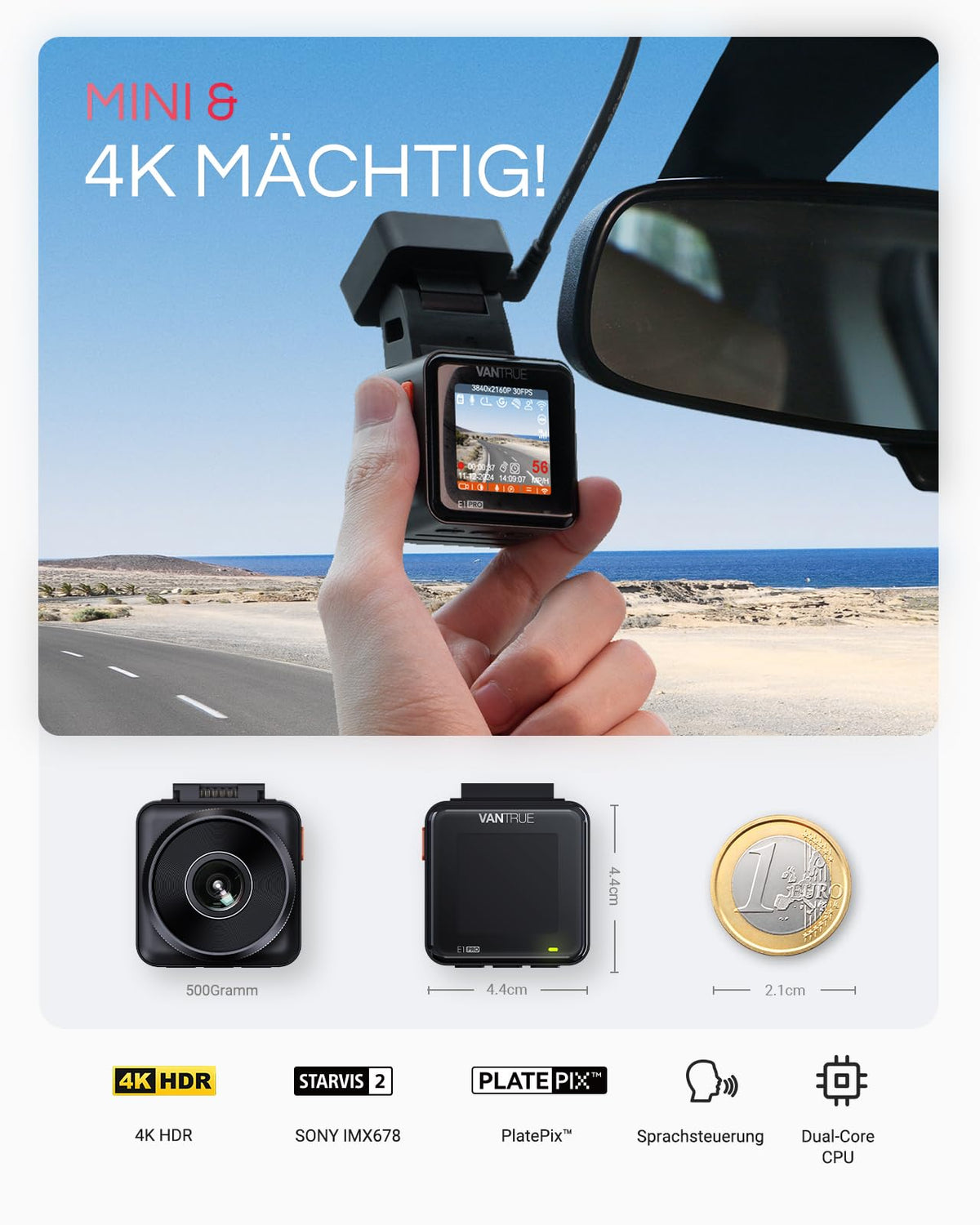 4K HDR Dashcam Auto vorne mit CPL, STARVIS 2 Mini Dash Cam, 158° Weitwinkel, WLAN und GPS