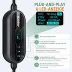 Mobile Wallbox 11 kW mit App-Steuerung, 400 V, 8-16 A, 3-phasig, 7,6 m Typ-2-Ladekabel, IP66, OLED, inkl. Transporttasche und Wandhalterung, schwarz