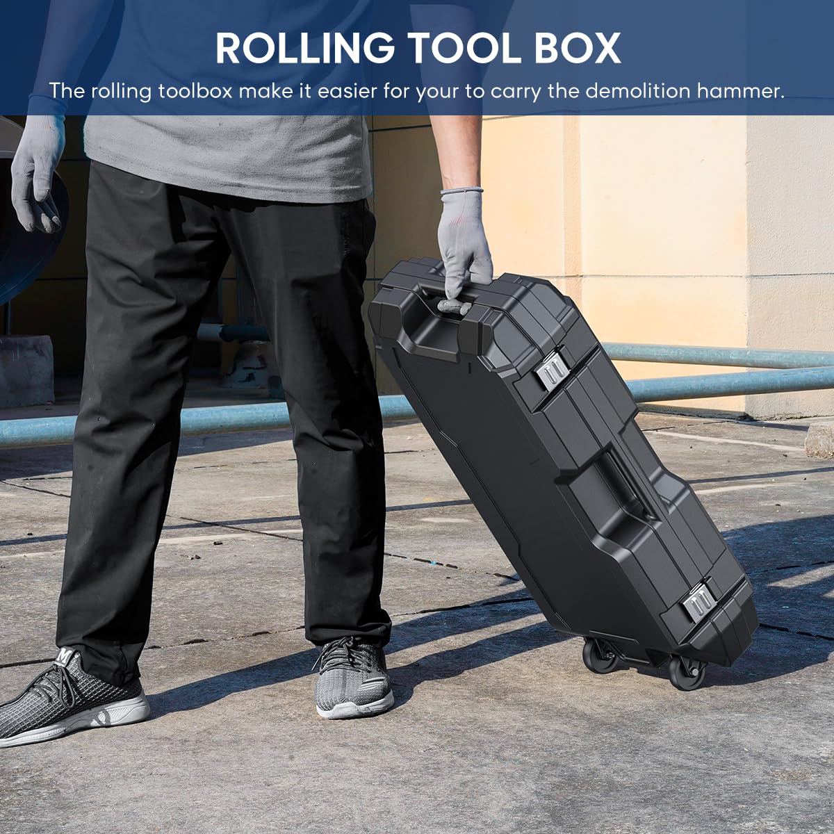 Abbruchhammer 1700 W SDS-Hex Stemmhammer mit 65 Joule, Anti-Vibrationshandgriff sowie 2 Meißeln und Transportbox mit Rollen