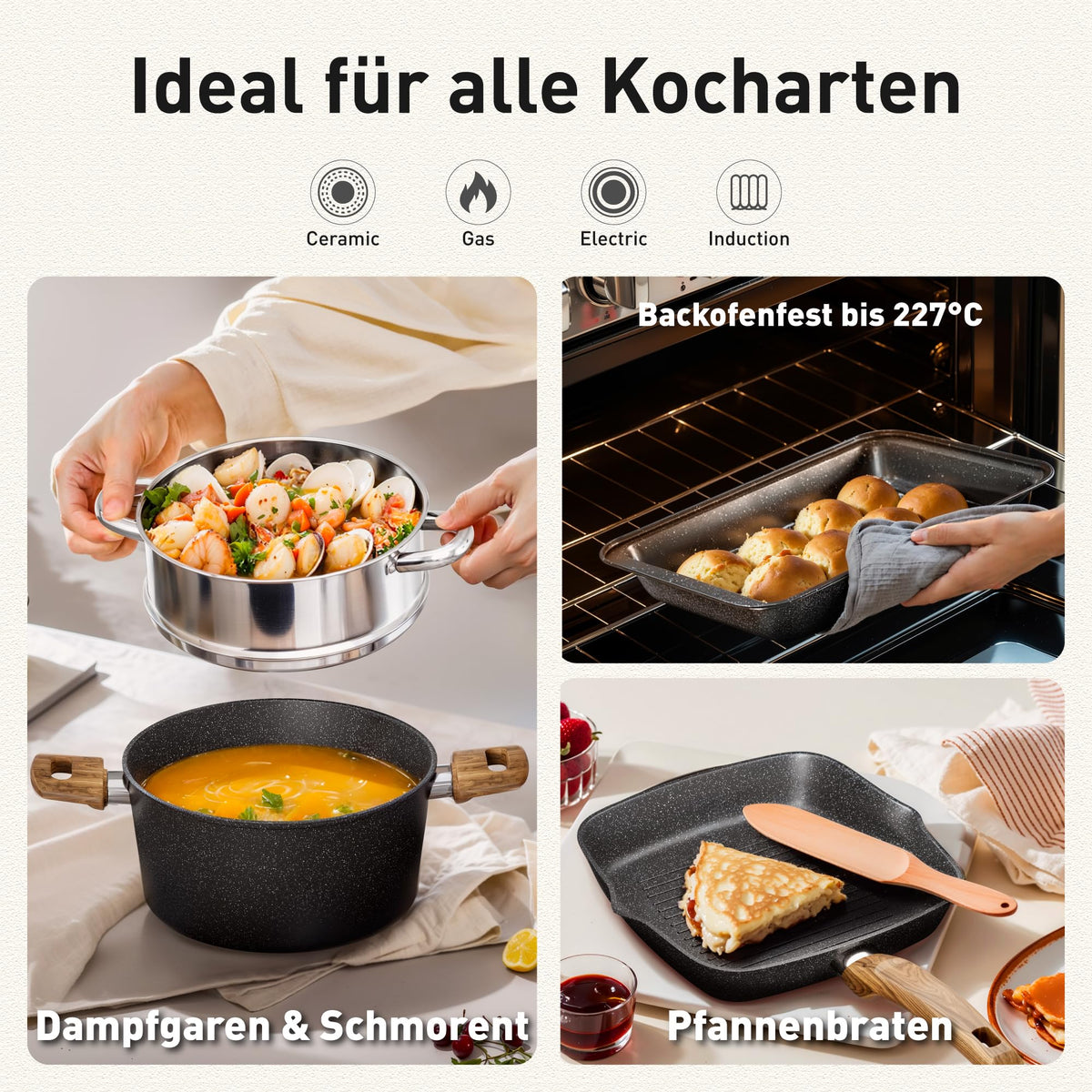 30-teiliges Topfset mit Granit-Antihaftbeschichtung, induktionsgeeignet, inklusive Pfannen, Töpfen, Backformen und Küchenhelfern