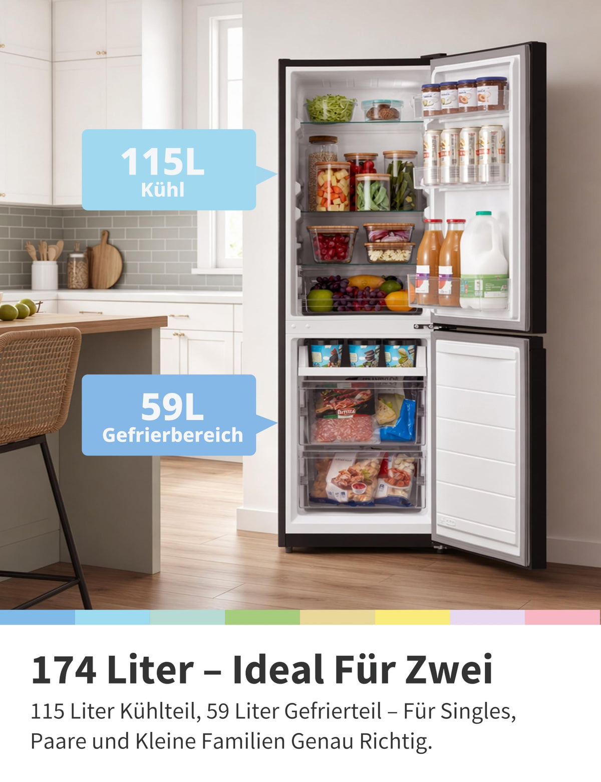 Kühl-Gefrierkombination 174 L, 150 cm hoch, Low Frost, 39 dB, mit 115 L Kühlteil und 59 L Gefrierteil, Schwarz