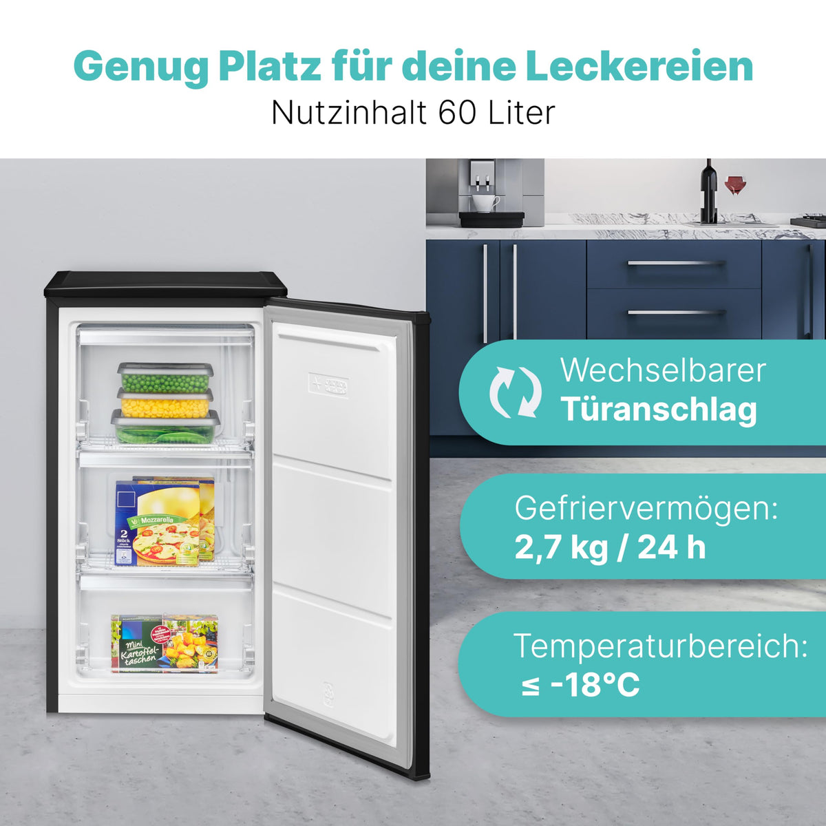 Gefrierschrank 60 L mit 4-Sterne-Gefrierfach, GS 7256, 3 Fächer, leise, wechselbarer Türanschlag, schwarz