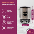 Einkochautomat WAT25-A aus Edelstahl mit Thermostat, Zeitschaltuhr und Auslaufhahn, 29 Liter, 1800 W, inkl. Einlegerost