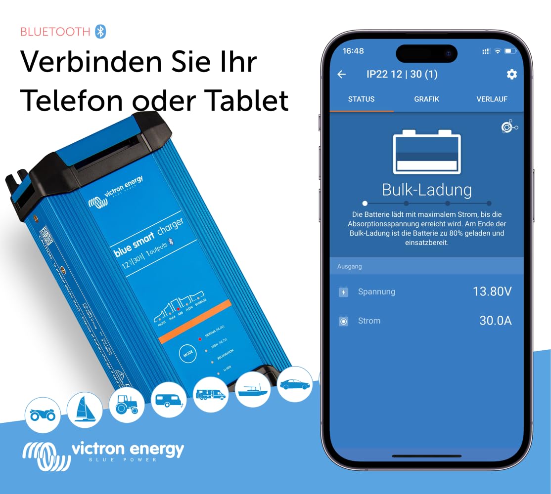 Bluetooth Batterieladegerät 12V 30A mit 1 Ausgang und CEE 7/7 Stecker, 6-Stufen-Ladealgorithmus für Lithium-Ionen