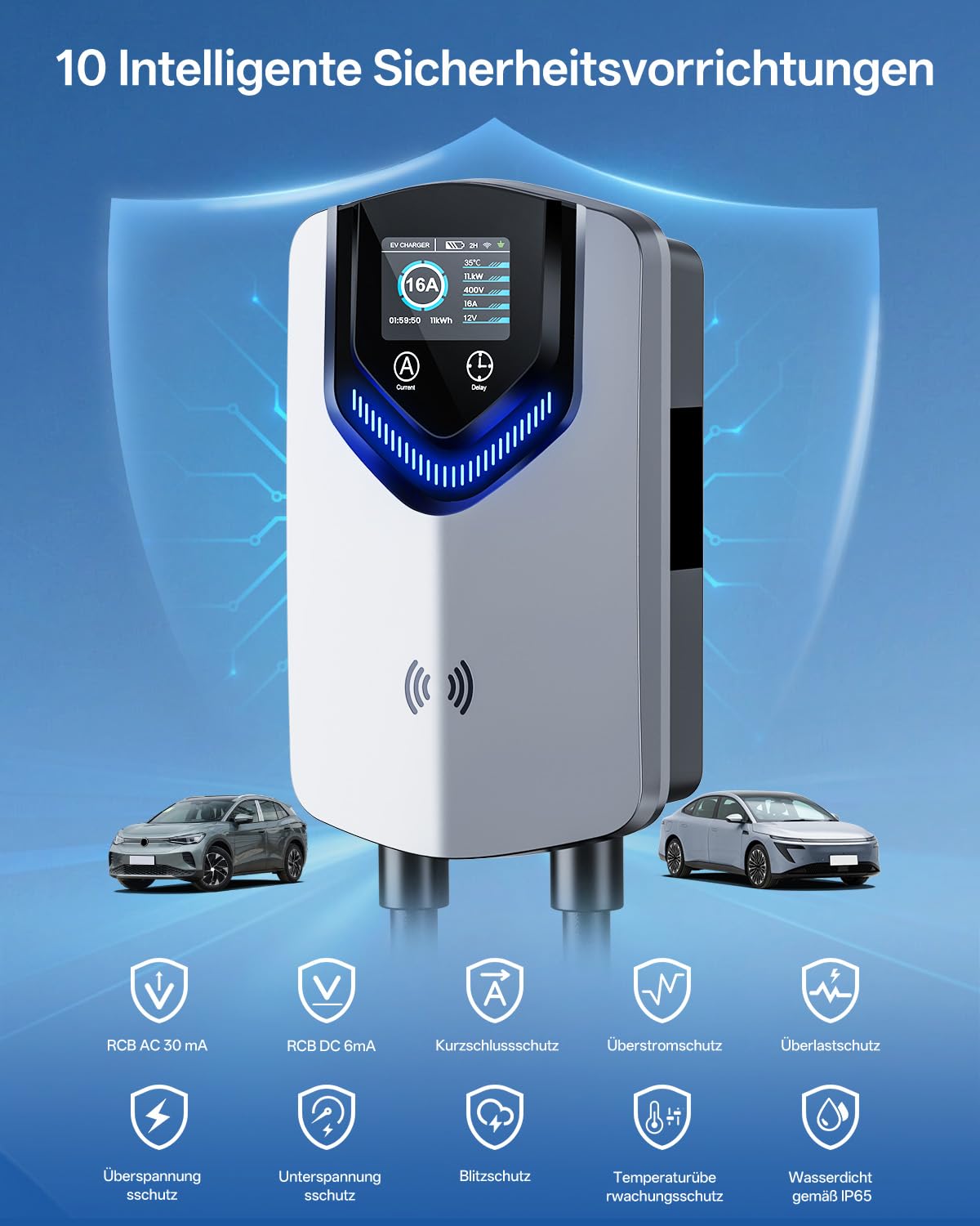 Wallbox 11 kW 400 V 3-phasig mit 8 m Typ-2-Kabel WLAN App-Steuerung RFID und einstellbarem Ladestrom 6–16 A