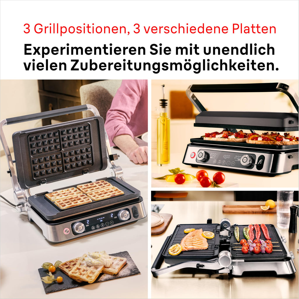 Kontaktgrill MultiGrill 9 Pro CG 9167 mit Grill-, Flach- und Waffelplatten, Temperaturfühler, 3 Grillpositionen und Boost-Funktion bis 265 °C