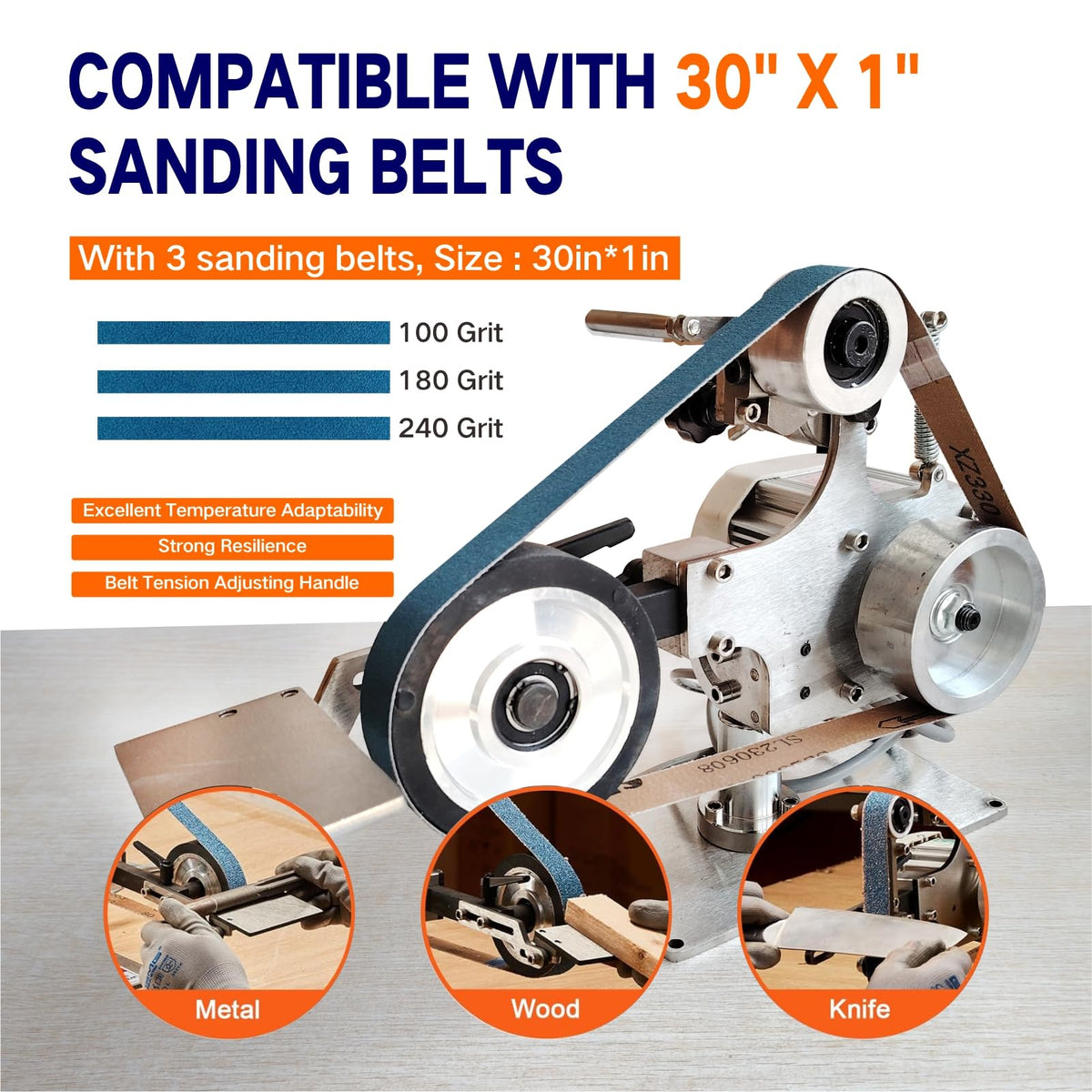 Bandschleifer 550 W mit 3 Schleifbändern 76,2 x 2,5 cm, Körnung 100/180/240, für Metall und Holz, Modell JLD10-8