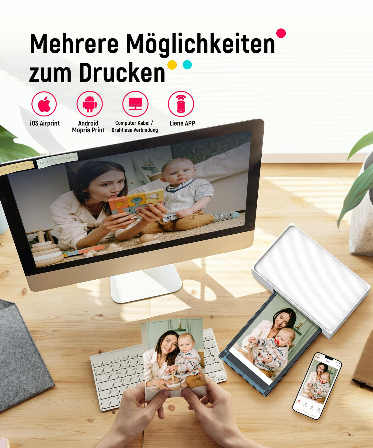 Tragbarer Fotodrucker für Smartphone und PC mit WLAN, 10x15 cm, Farbstoffsublimation, 300 DPI, inkl. 100 Blatt Fotopapier und 3 Patronen