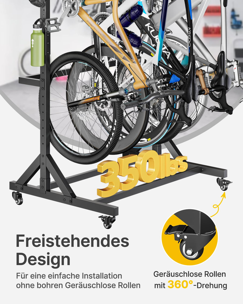 Freistehender Fahrradständer für 5 Fahrräder, Schwerlast bis 160 kg, höhenverstellbar mit Rollen