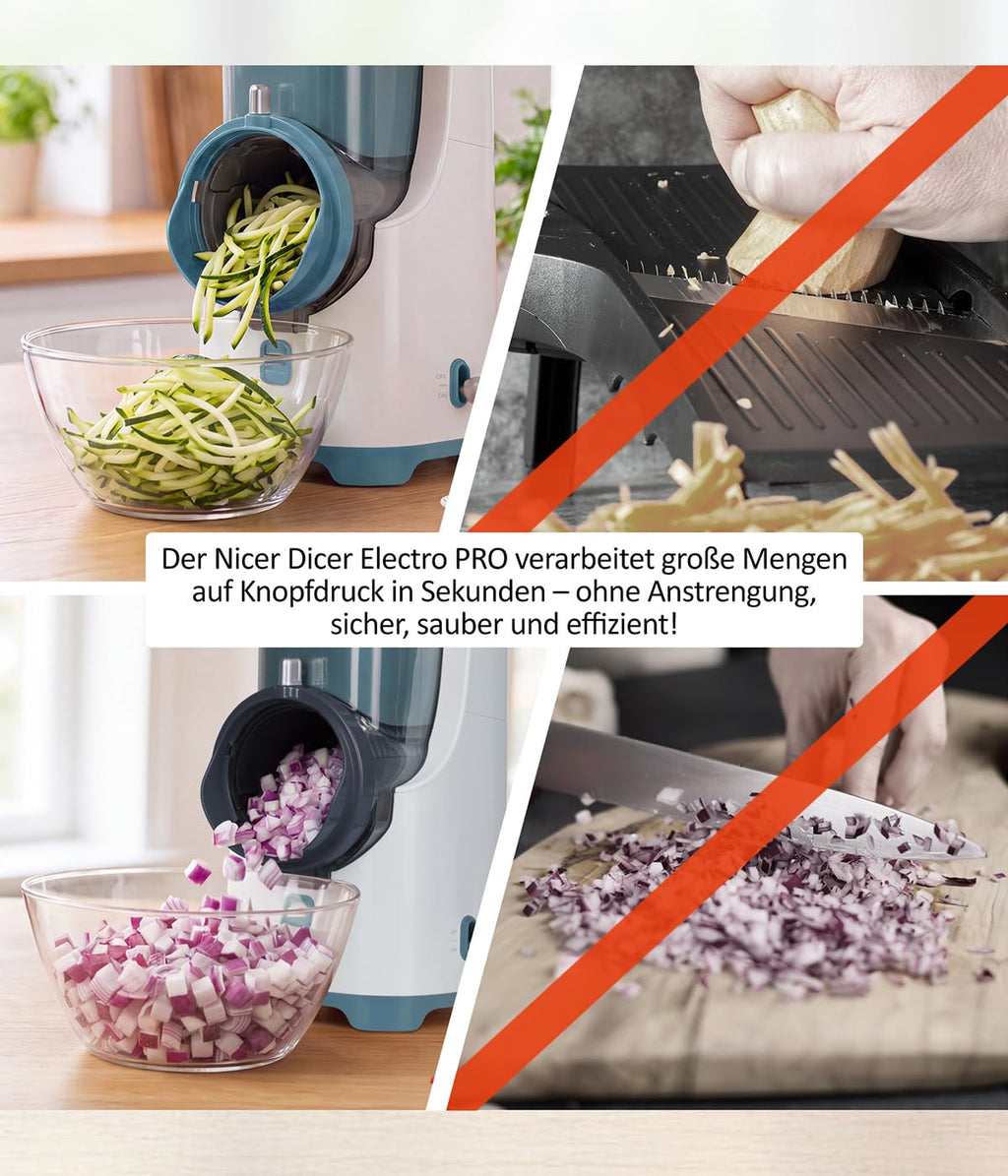 Elektrischer Gemüseschneider Nicer Dicer Electro PRO Set 32-teilig in Sage mit 9 Einsätzen zum Reiben, Hobeln, Würfeln und Schneiden