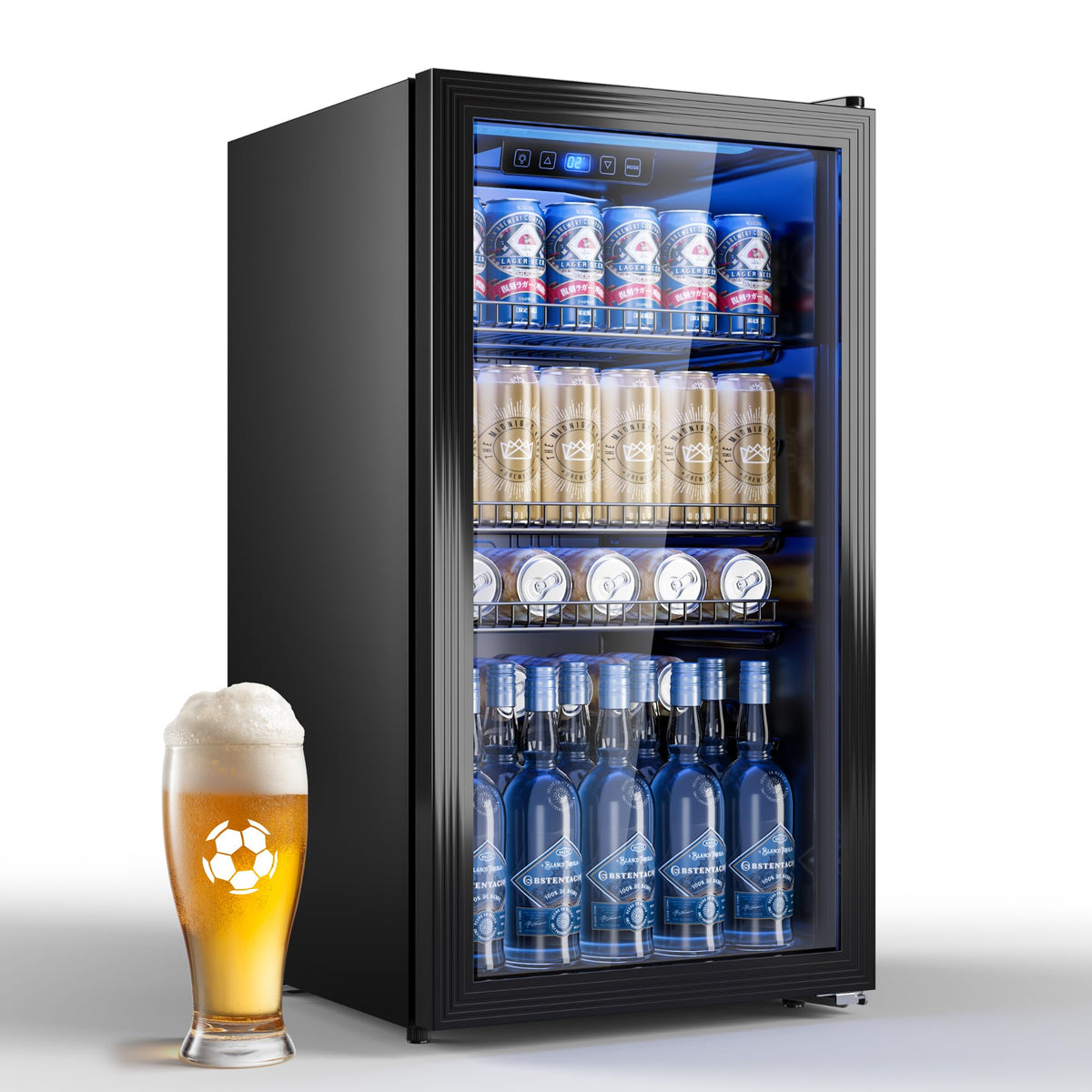 90L Getränkekühlschrank mit Glasfront und digitaler Temperaturregelung, für bis zu 128 Dosen, schwarz