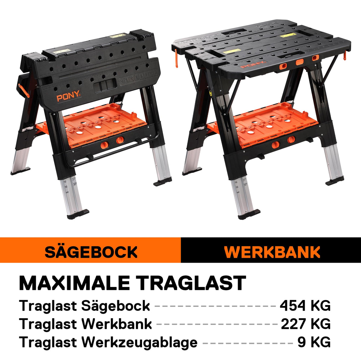 Klappbare 2-in-1 Werkbank und Sägebock 454 kg Belastbarkeit mit 4 Schraubzwingen 6-fach höhenverstellbar