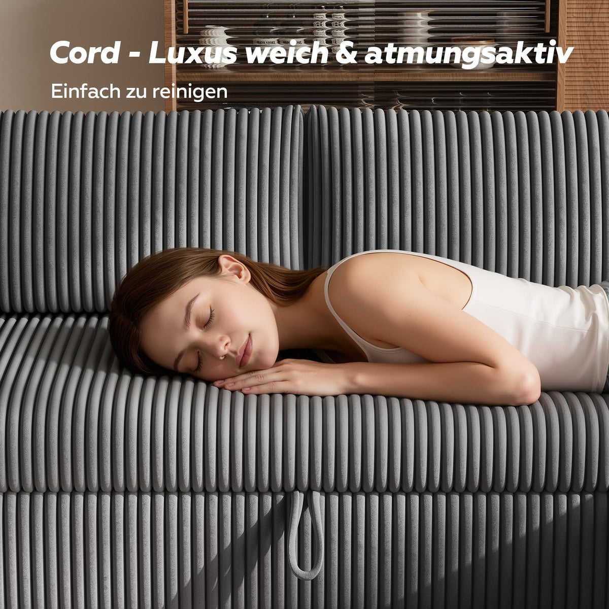 Ecksofa mit Schlaffunktion in L-Form aus Cord, Steingrau, 209 cm breit, mit Stauraum