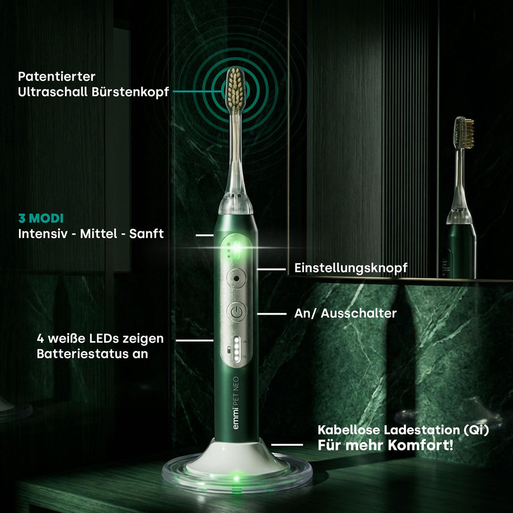 Ultraschall-Zahnbürste für Hunde mit 3 Reinigungsmodi, geräuschlos und vibrationsfrei, 14 Tage Akkulaufzeit, Set mit 2 Aufsätzen, Zahnpasta und