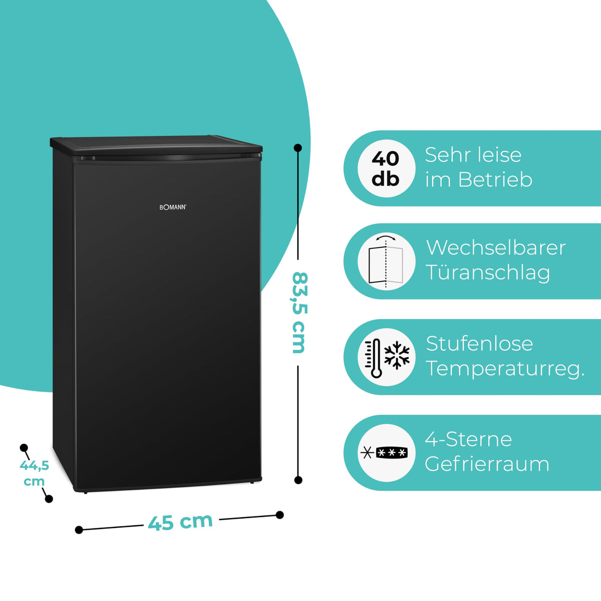 Gefrierschrank 60 L mit 4-Sterne-Gefrierfach, GS 7256, 3 Fächer, leise, wechselbarer Türanschlag, schwarz