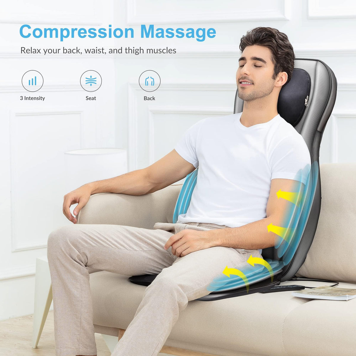 Shiatsu-Massagesitzauflage für Rücken und Nacken mit Wärme, 2D/3D-Knetmassage und Luftkompression