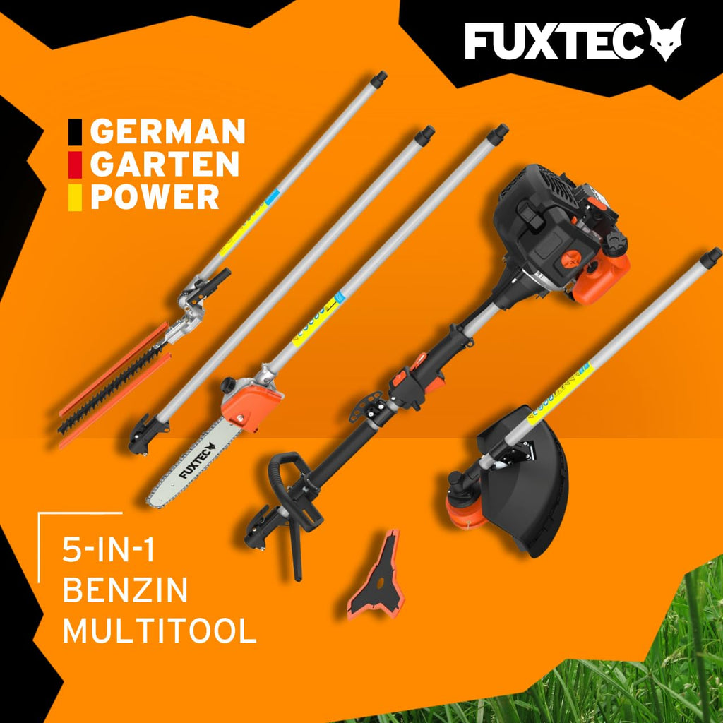 Benzin Motorsense 5in1 Multitool 52 ccm 3 PS mit Heckenschere, Hochentaster, Doppelfadenkopf und 3-Zahn-Messer