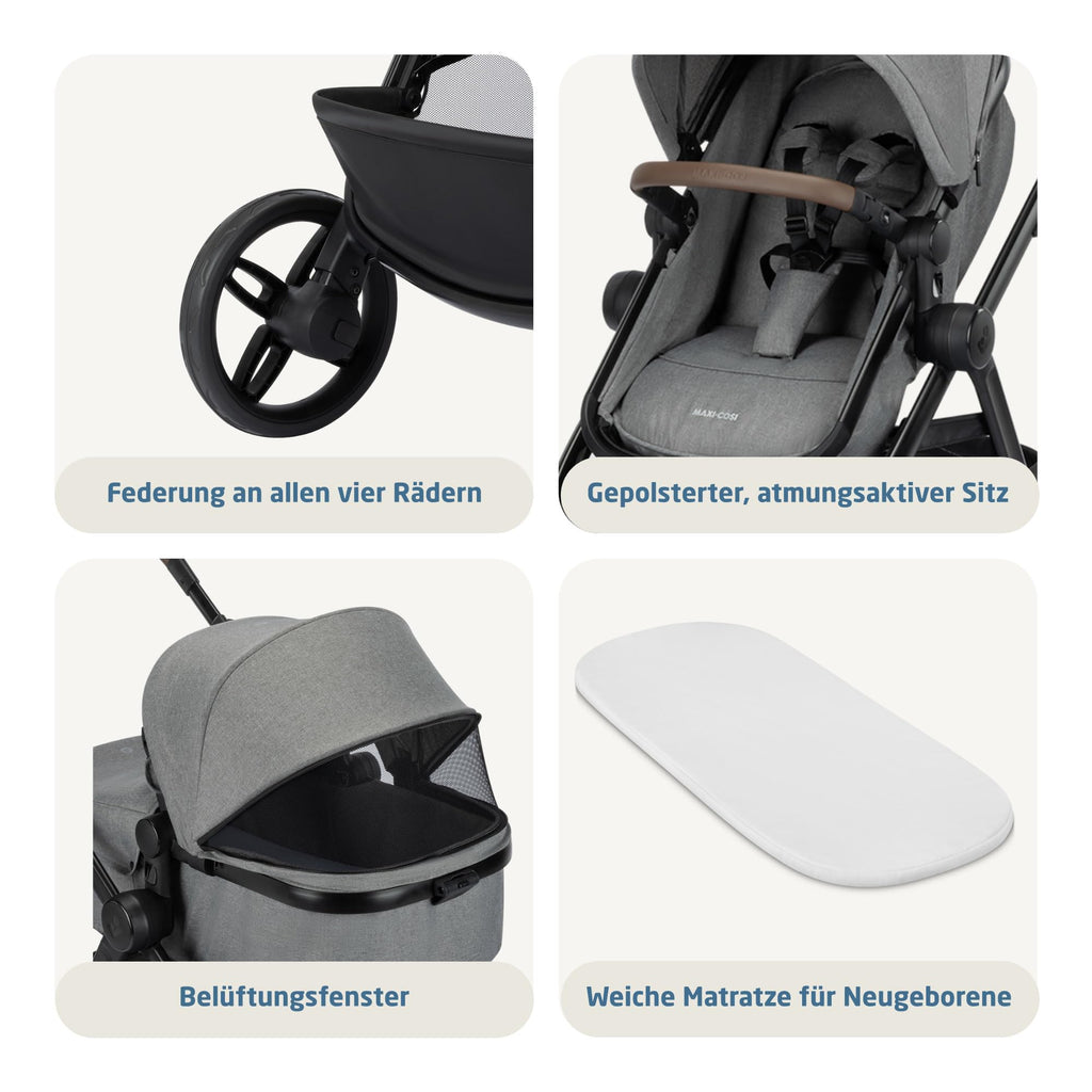 3-in-1 Kinderwagen Zelia Select mit Babyschale CabrioFix S i-Size, 0–22 kg, inkl. Wickeltasche und Regenverdeck, Grau
